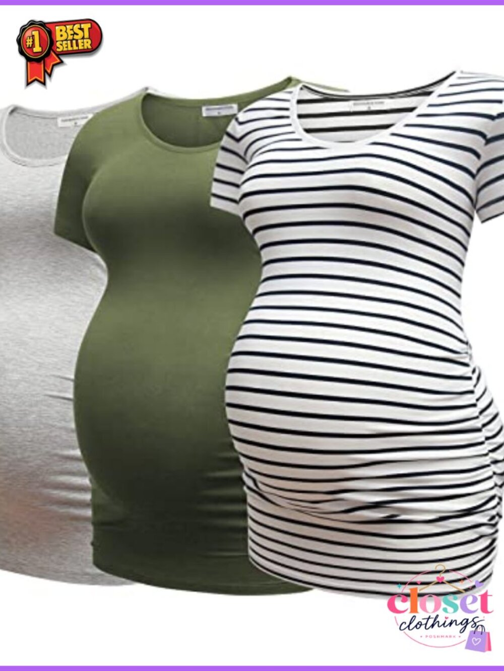 Maternity Side Ruched T-Shirt 3-Pack Cotton Spandex Pregnancy Tee